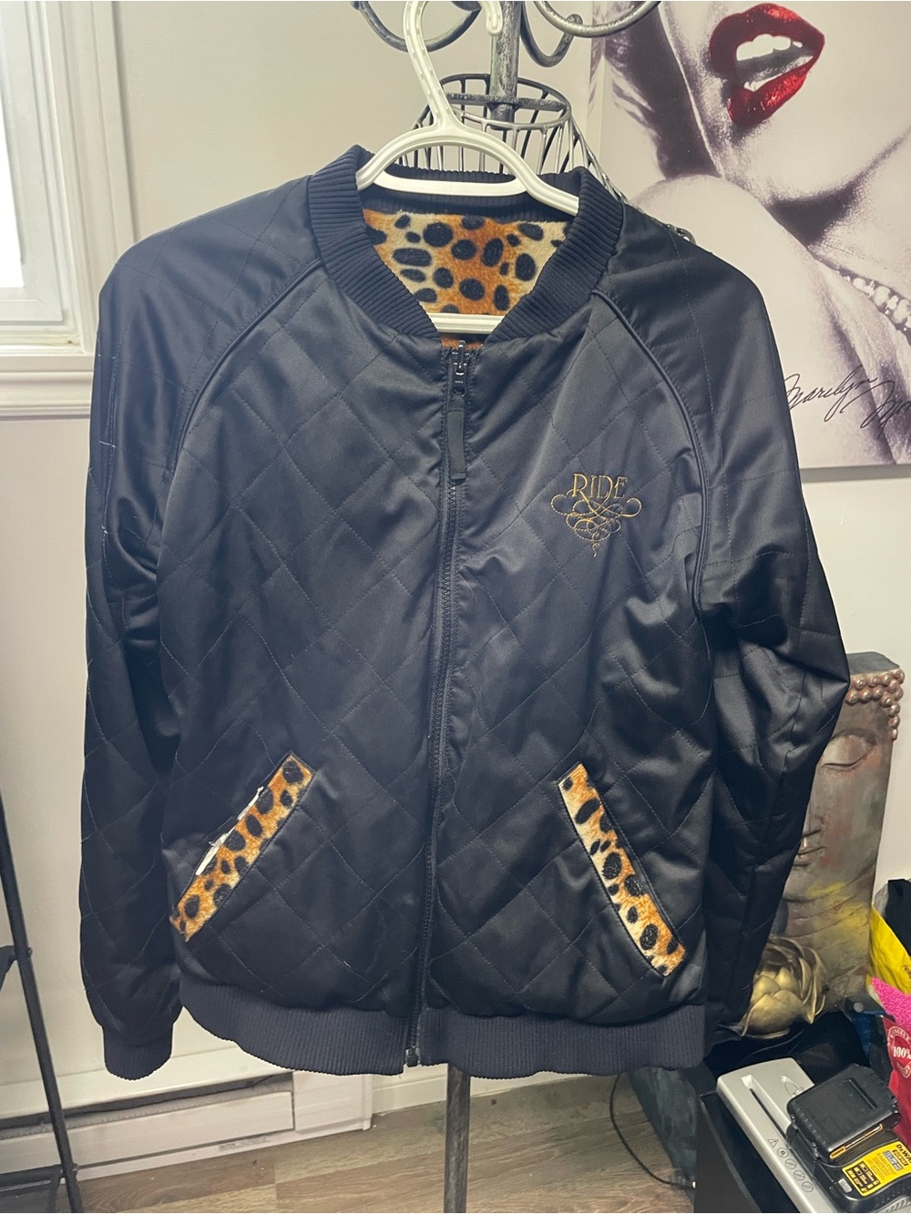 Black Quilted Bomber Jacket with Leopard Trim - Women